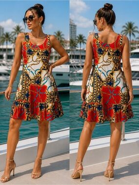 Ultra Teeze-Red & Blue Bold Chain Print Sleeveless Dress | Size Medium NWT